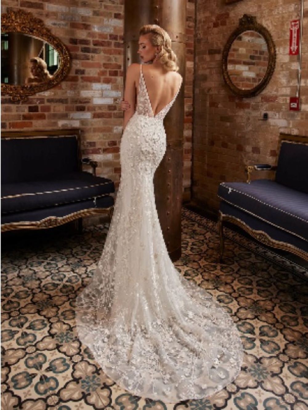 Calla Blanche Embroidered V-neck Ivory Lace Bridal Gown - Picture 4 of 10
